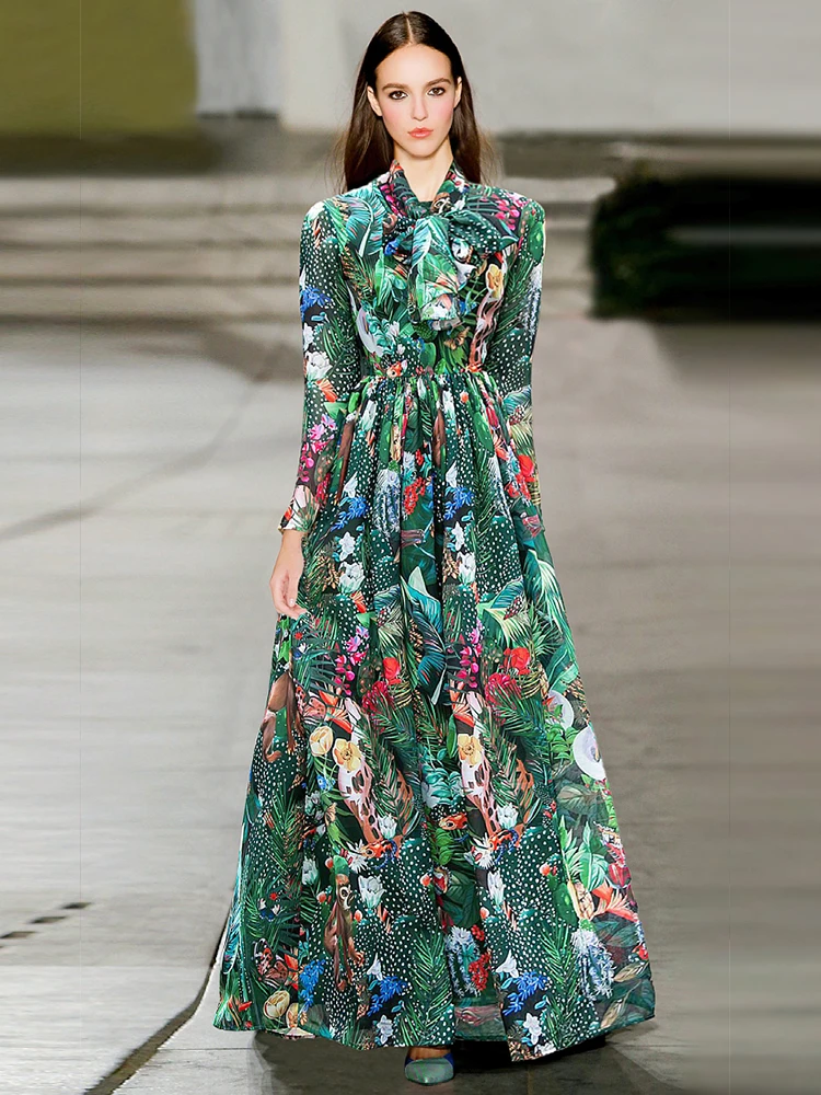 

Runway Designer Summer Women'S New Print Green Chiffon Long Dress Casual Fashion Bohemian Vacation Party Elegant High Quality