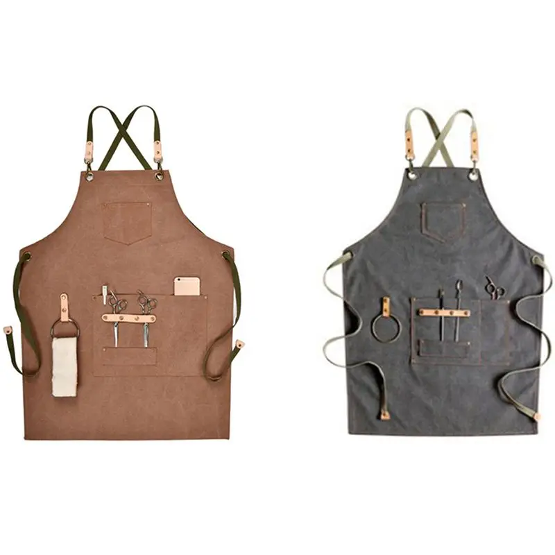 

Парикмахерский фартук 2 шт., фартук для шеф-повара, парикмахерский фартук для женщин и мужчин, бариста, карманы для бариста, темно-серого и ко...