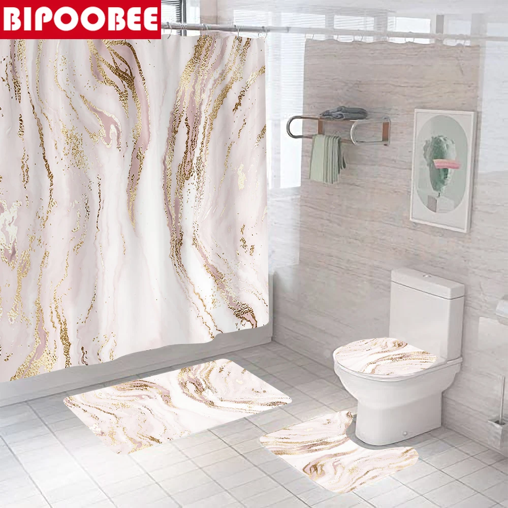 

Gold Crack Marble Bathroom Curtain Modern Shower Curtains Toilet Cover Lid Bath Mat Non-slip Rug Pedestal Carpet Home Decor
