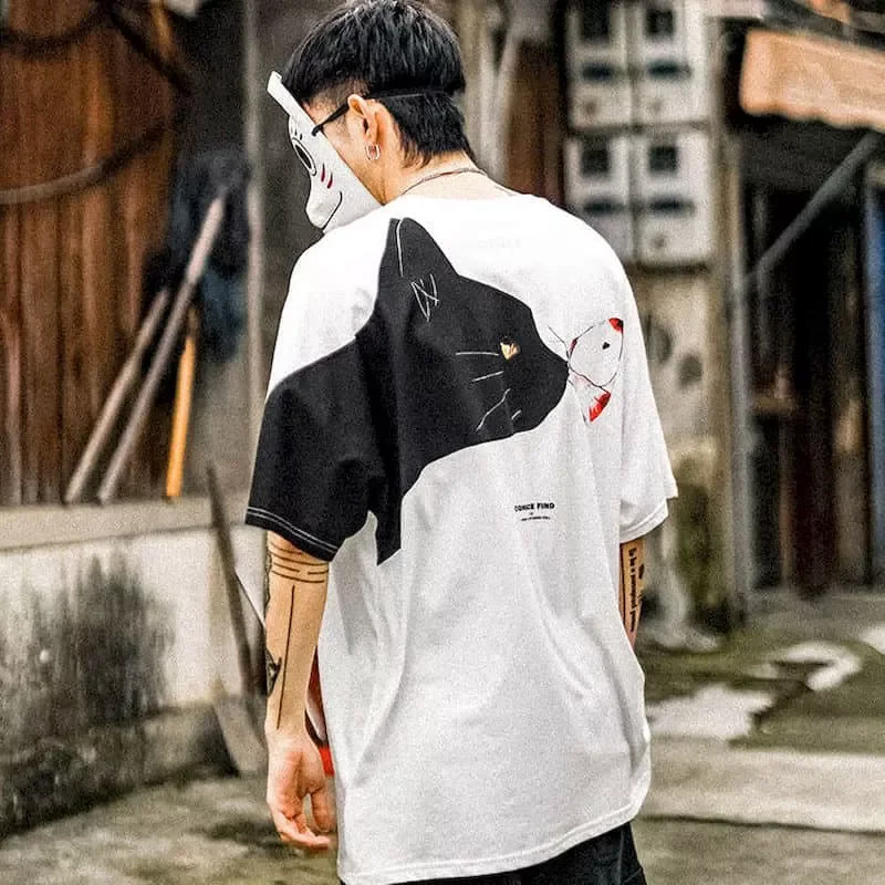 

NEW IN Short-sleeved Men's and Women's T-shirt Black Cat Print Loose Round Neck Five-point Sleeve Male All-match Lovers