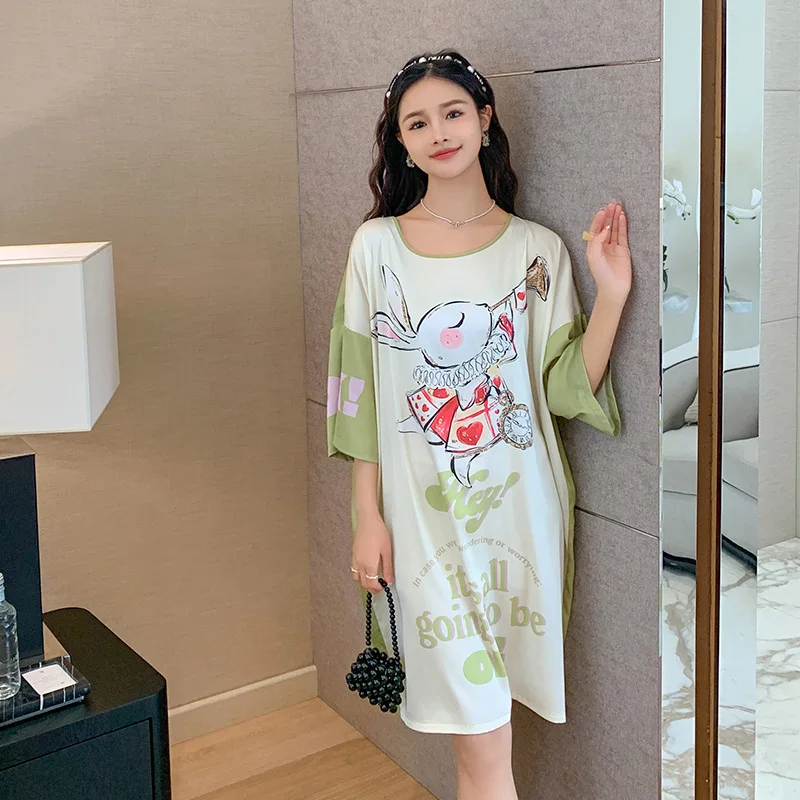 Summer 2023 new satin nightdress women's short sleeve silk pajama high-end sense literary loungewear cartoon pullover