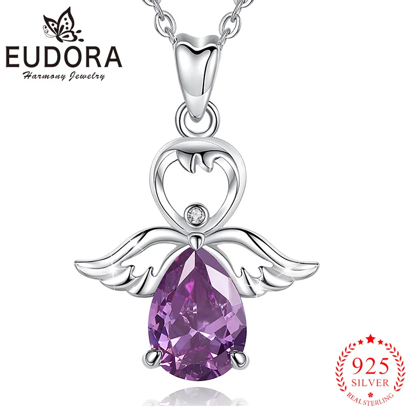 

Eudora 925 Sterling Silver Purple Cubic Zirconia Angel Doll Necklace Simple Wings Pendant Women's Fine Fashion Jewelry