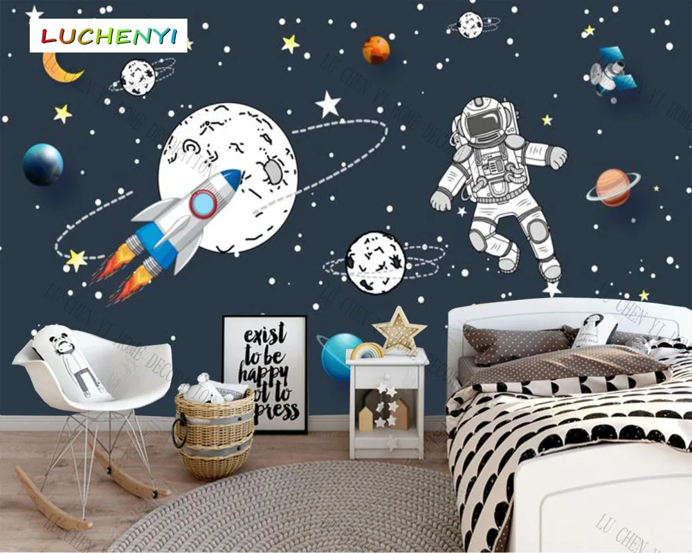 

Custom planet starry space Rocket astronaut cartoon kids' wallpaper mural,living room children's bedroom home decor sticker