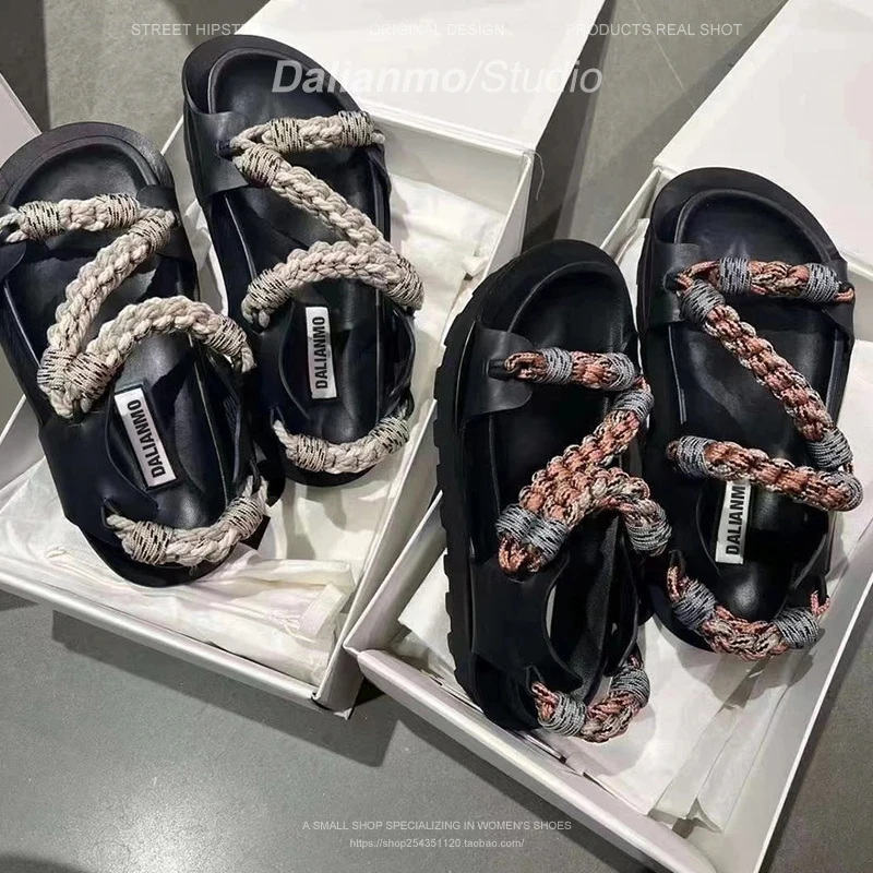 

Leather Rope Sandals For Women Beach Summer Shoes Platform Black Slippers Weave Flats Sandalias Femininas Mules Chaussure Femme