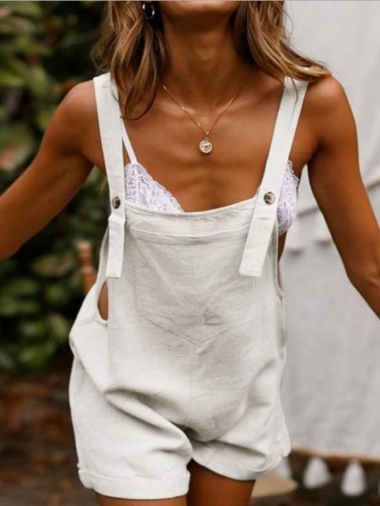 2023 Summer New Large Size Cotton and Linen Lace-up One-piece Straps Solid Color Buttons Comfortable Casual Women's Shorts