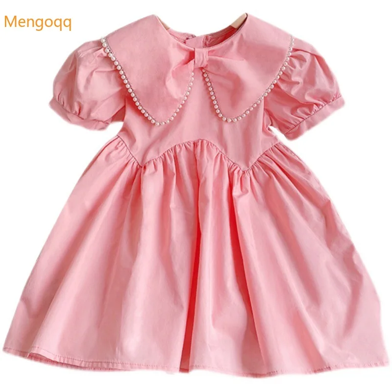 

Girls Super Fairy Pink Princess Dress 2022 Summer New Children Fashion Kids Baby Princess Pearl Doll Collar Dress 2-8Y