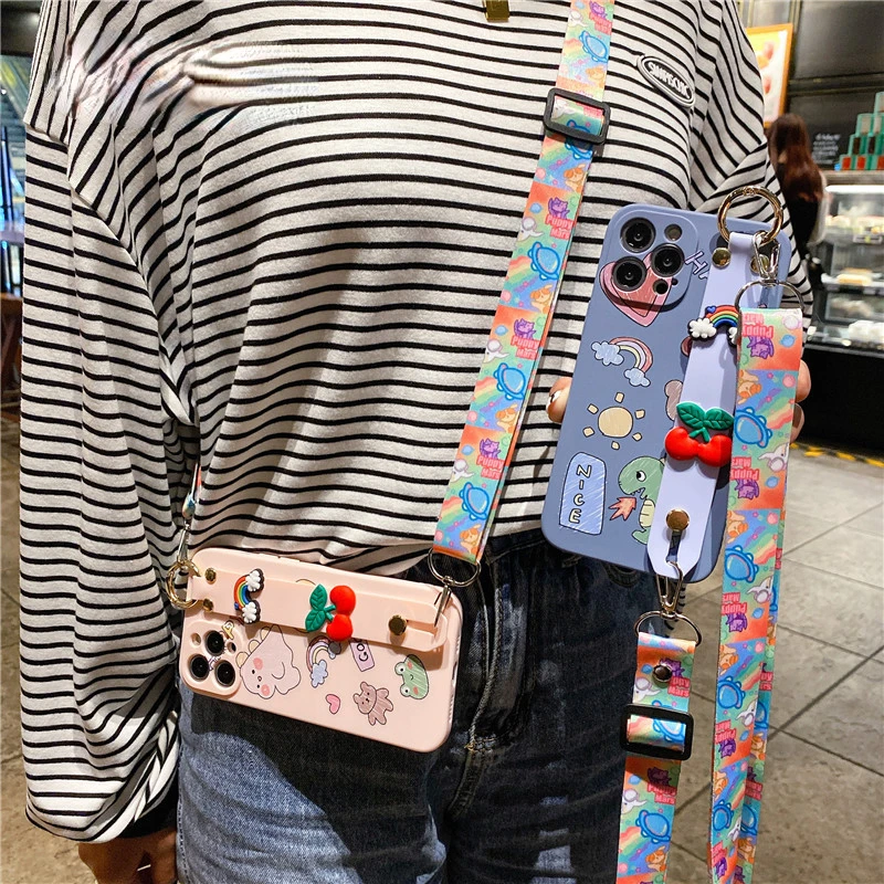 

Factory Direct Selling Cherry dinosaur astronaut Wrist strap Lanyard Soft case for iphone 13 12 Pro MiNi X XR XS 11 Pro Max 6S 7