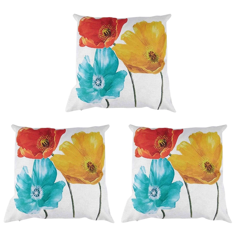 

3X Flax Square Decorative Throw Pillow Case Tricolor Red Yellow Blue Poppy Flowers Gift Anniversary Day Present 45X45cm