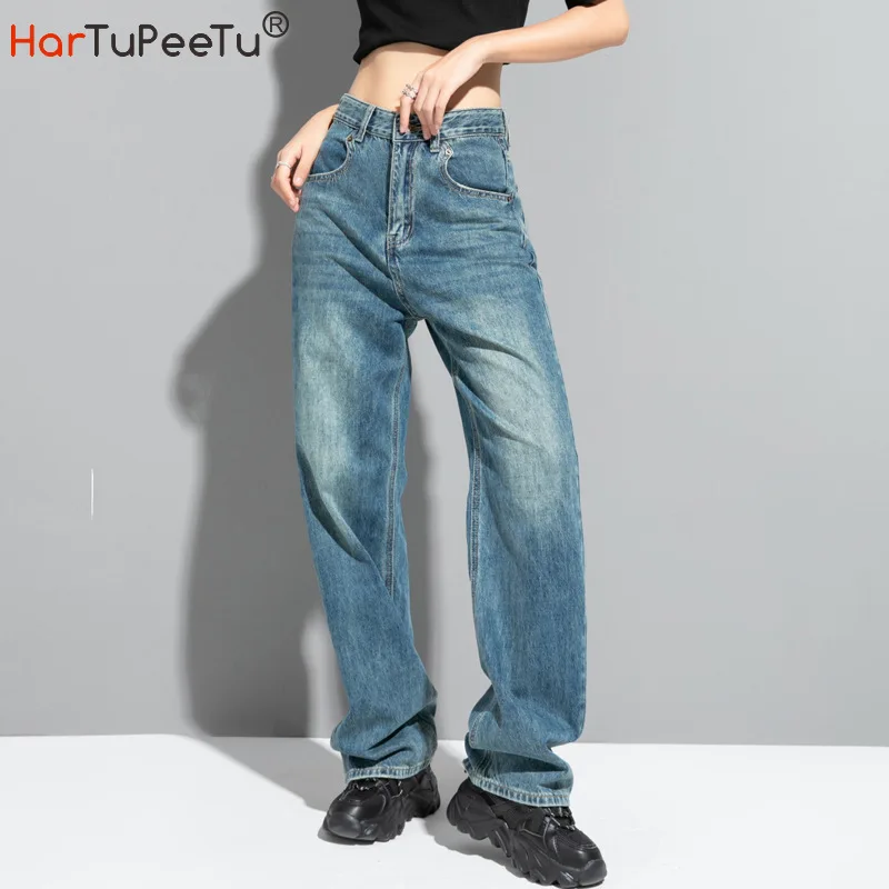 Women Jeans High Waist Wide Leg Pants Spring Autumn Back Ripped Pockets Comfortable Soft Denim Loose Casual Long Trousers
