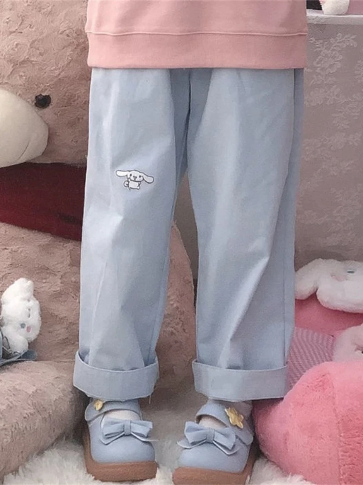 

Japanese Kawaii Girls Lolita Pants Sweet Preppy Style Cartoon Corduroy Pants Lolita Streetwear Pink High Waist Wide Leg Pants