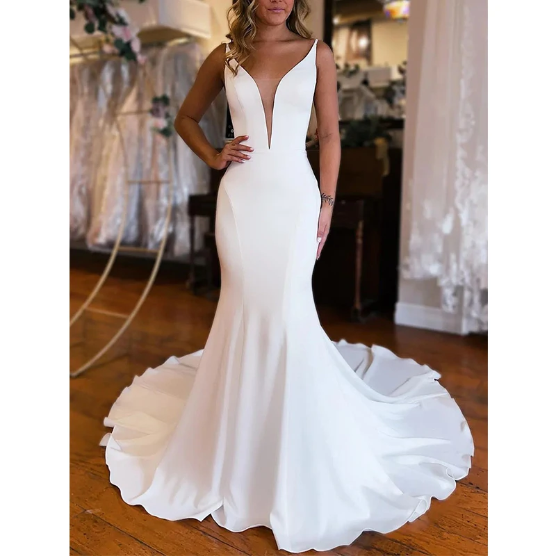 

Women's Mermaid V-neck Wedding Dresses for Bride Floor Length Spaghetti Straps V Back Satin Wedding Bridal Gowns Custom Made
