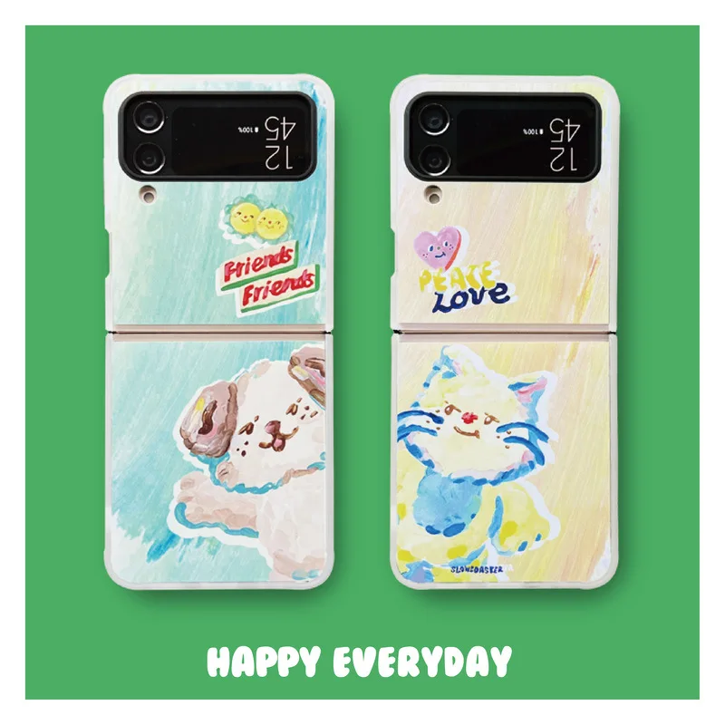 

Watercolor Cartoon Cat Puppy Phone Case for Samsung Galaxy Z Flip 4 3 Hard Cover for ZFlip3 Zflip4 Solid Shell Bracket