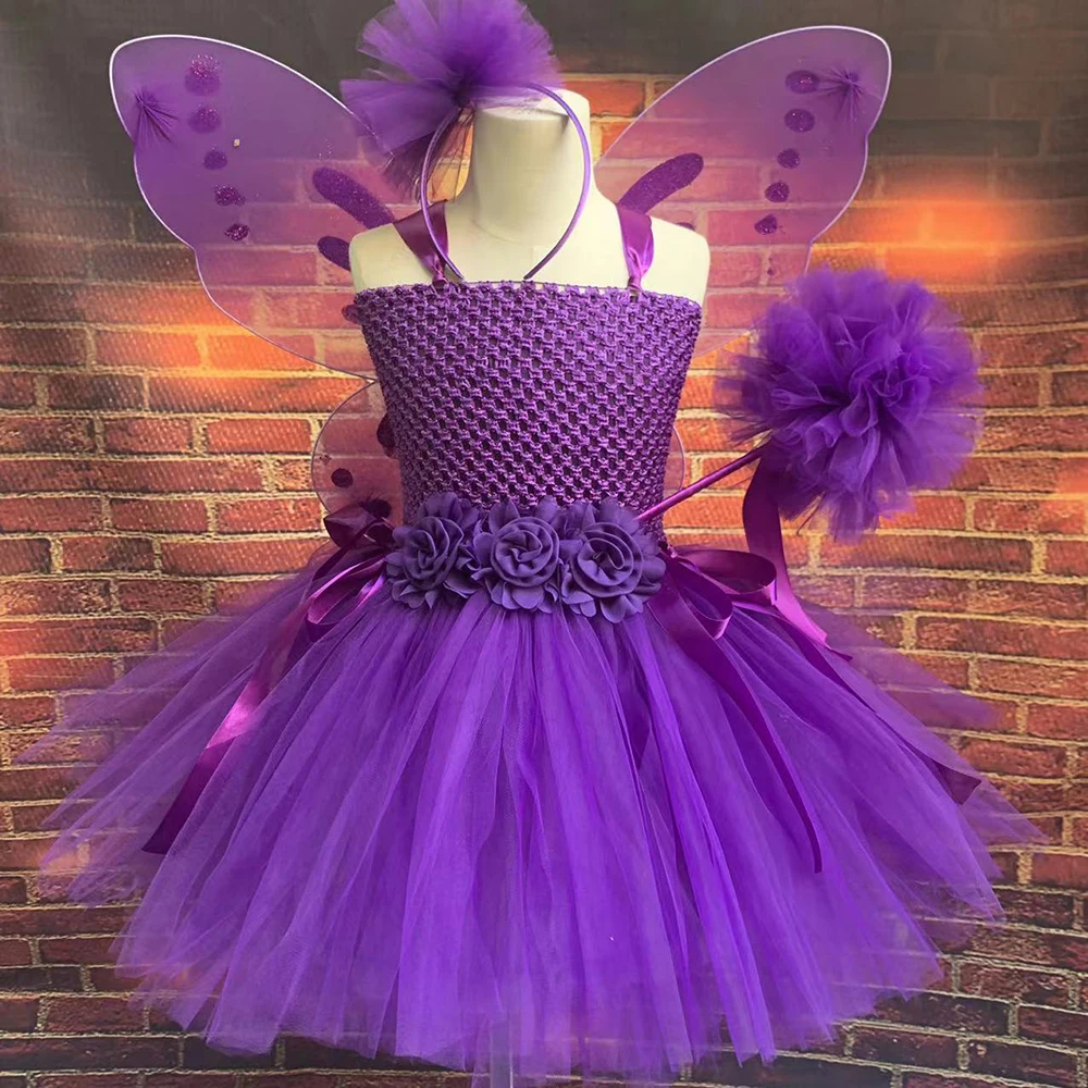

Girls Purple Butterfly Flower Tutu Dress Kids Tulle Princess Dress with Wing and Stick Hairbow Kids Party Costume Butterfly Dres
