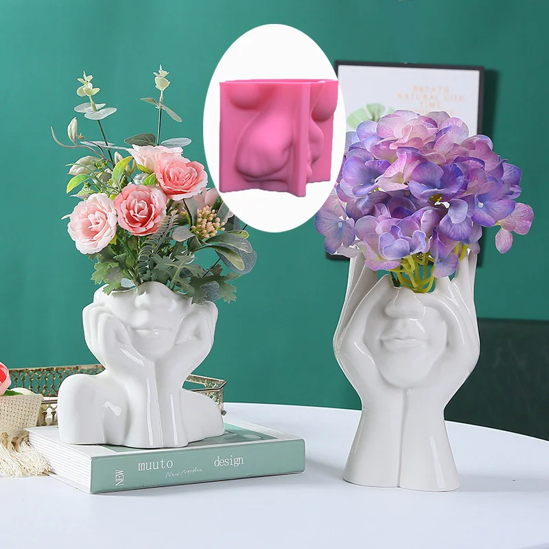 

Large Two hand face vase resin silicone mold Abstract half face flowerpot Concrete cement Vase Gypsum Concrete Mold