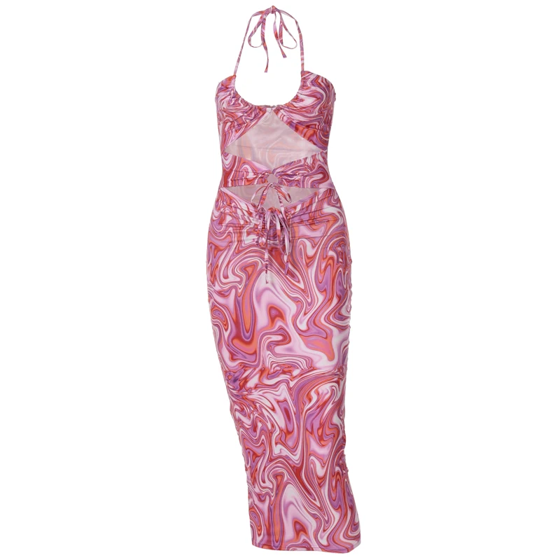 

AIIOU Women Sleeveless Tie Dye Lace Up Drawstring Sexy Midi Dress Fashion Bow Pleat Irregular Bodycon Streetwear Elegant Clothes