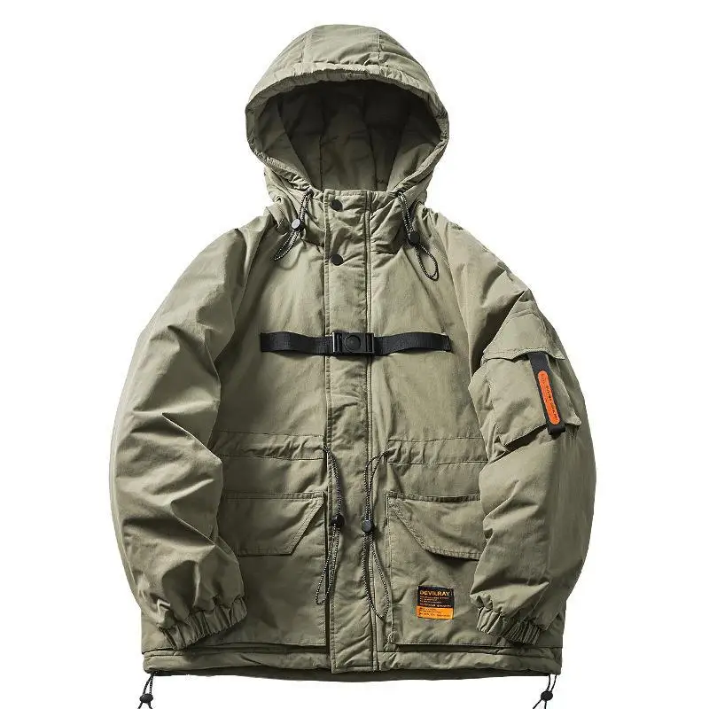 Japanese Winter Retro Thickened Jacket Hooded Tooling Cargo Parkas Functional Ribbon Casual Cotton Padded Jacket Men's Clothes