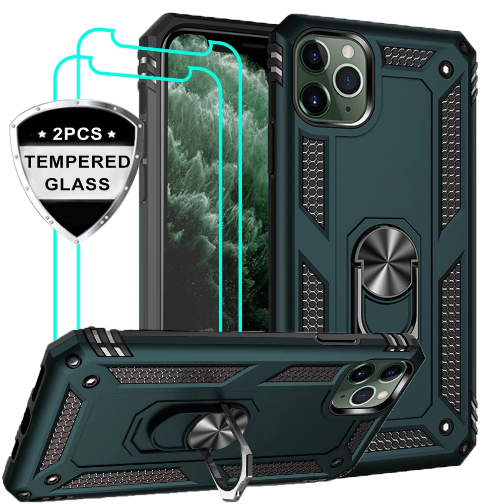 

for iPhone X XS XR 11 Pro Max Case with Tempered Glass Screen Protector [2Pack] Military Grade with Rotating Holder Kickstand