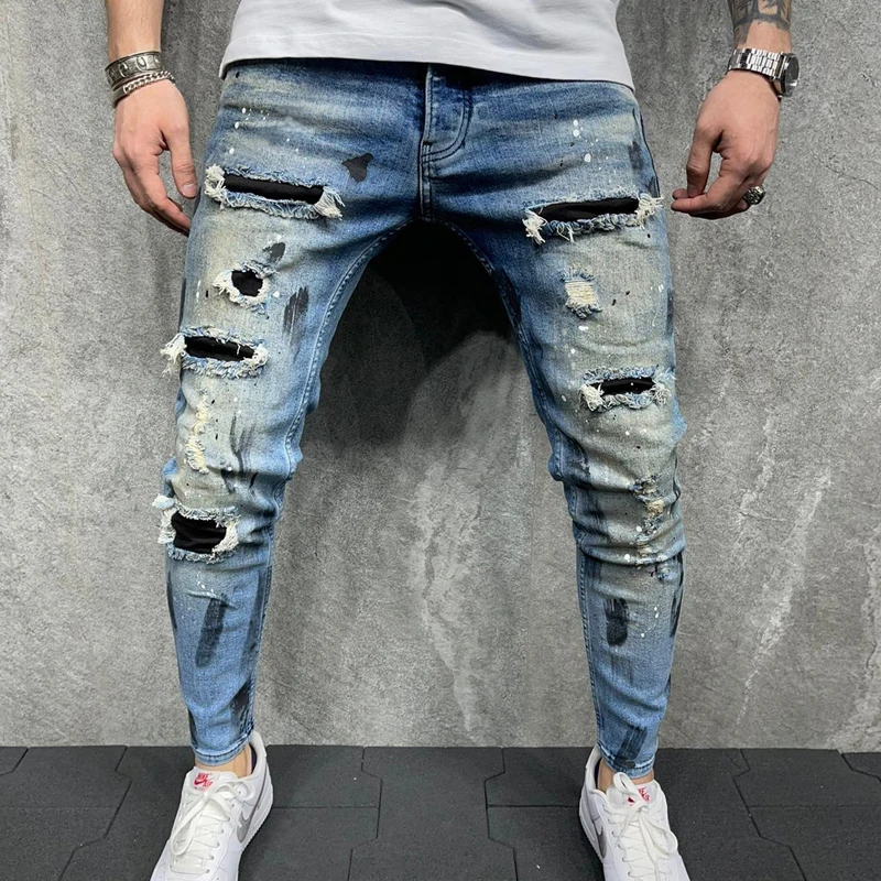 

2021 New Men Ripped Jeans Men's Painted Black Patchwork Patch Beggar Pants Street Jeans Hip Hop Biker Skinny Pencil Pants S-3XL