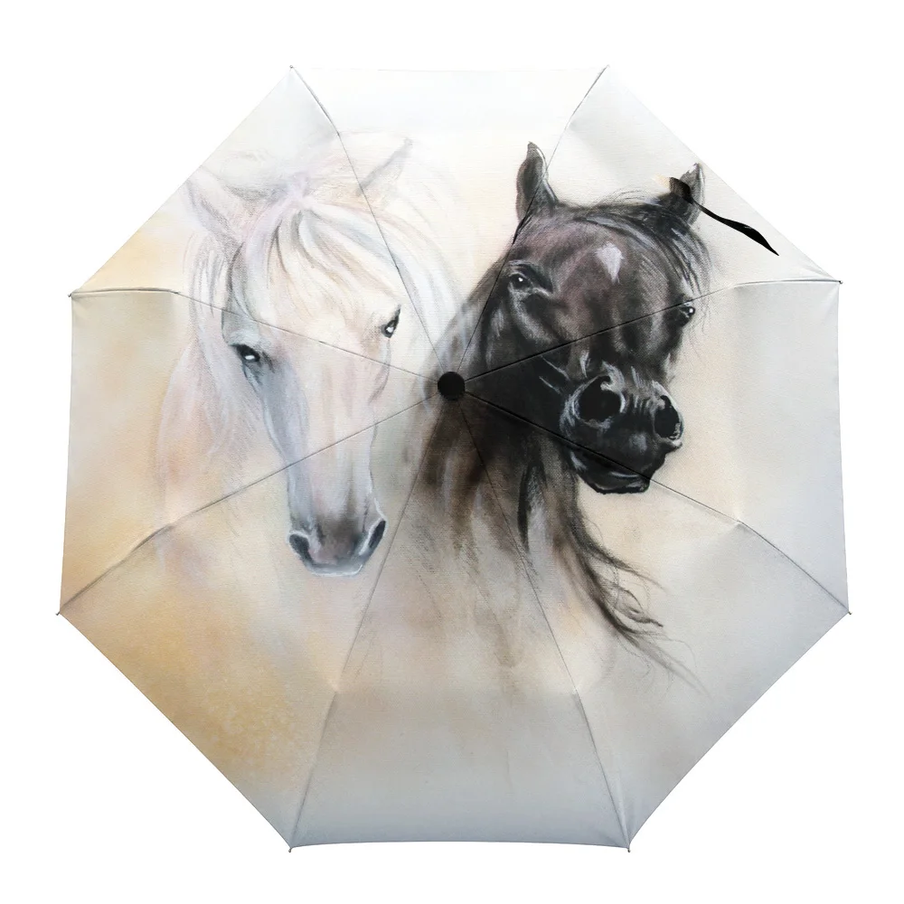 

Black White Horse Watercolor Painting Creative Umbrella Rain Women Automatic Three Folding Umbrellas Windproof Parasol Parapluie
