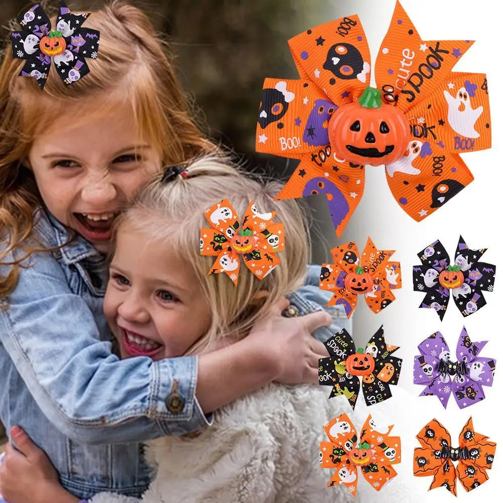 

New Halloween Pumpkin Bows Hair Clips Spider Skeleton Funny Ribbon Bowknot Hairpin for Kids Girls Headwear Hair Accessories Gift