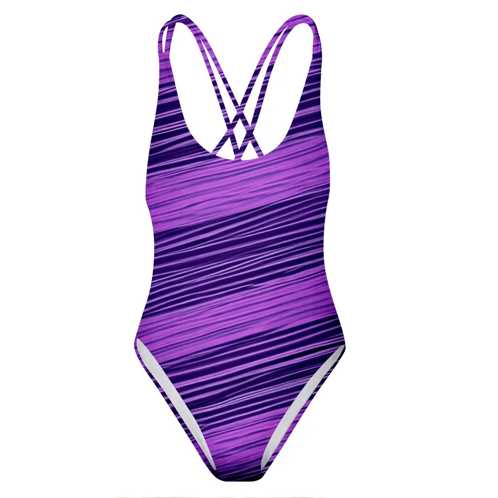 

Women Sling One-piece Swimwear Diagonal Stripes Prints Backless Swimsuit Beach Bathing Suit