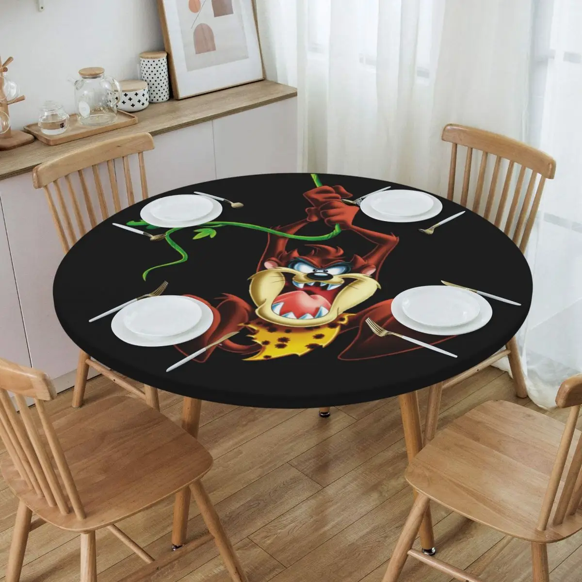 

Round Oilproof Tasmanian Devil Table Cover Elastic Fitted Taz Cartoon Comic Table Cloth Backing Edge Tablecloth for Dining