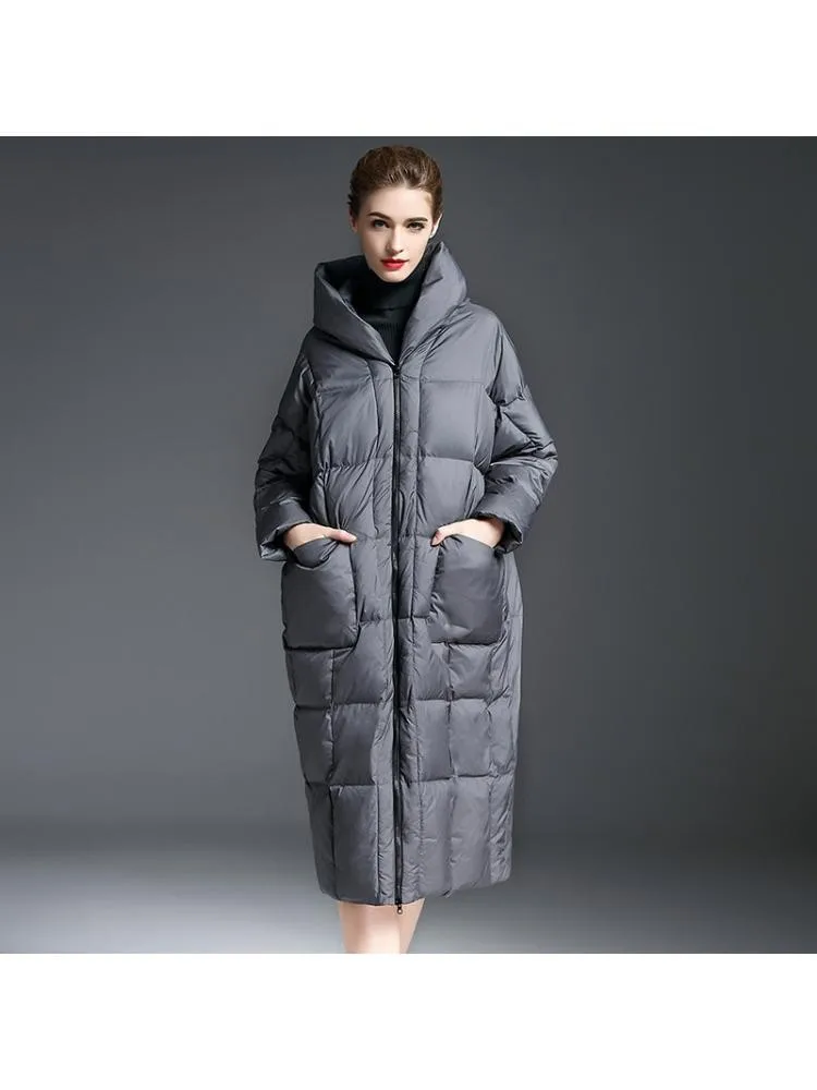 European Station High-Grade Long 90 White Duck Down Coats Women's 2022 Winter Hooded Loose Padded Warmer Bread Cloth Jackets