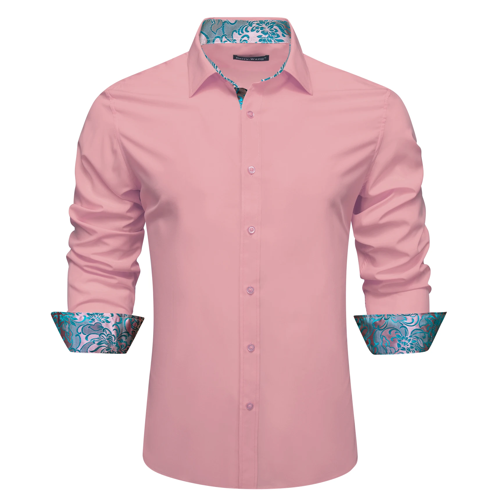 

Luxury Shirts for Men Silk Long Sleeve Pink Solid Patch Blue Flower Slim Fit Male Blouses Spring Autumn Lepel Tops Barry Wang