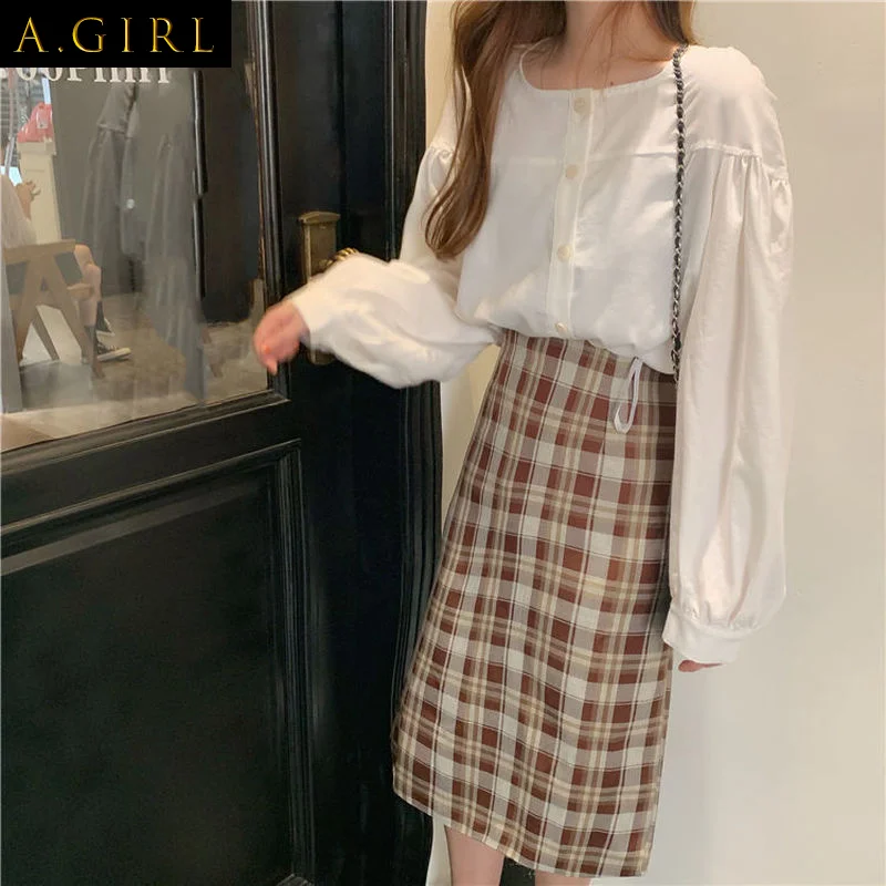 

Women Sets Long Sleeve Simple Shirt Mid-calf Plaid Skirt Spring Fall Elegant Vintage Tender College Ulzzang Feminine Leisure Ins