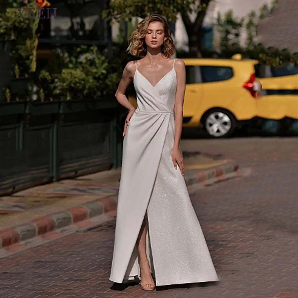 

YEEH Simple Beach Stain Wedding Dresses With Sequin Spaghetti Straps V-Neck High Split Bridal Gown Floor Length Vestido De Novia