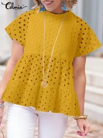 celmia women cotton linen peplum tops 2022 summer short sleeve lace hollow blouses casual solid patchwork round neck shirt tunic