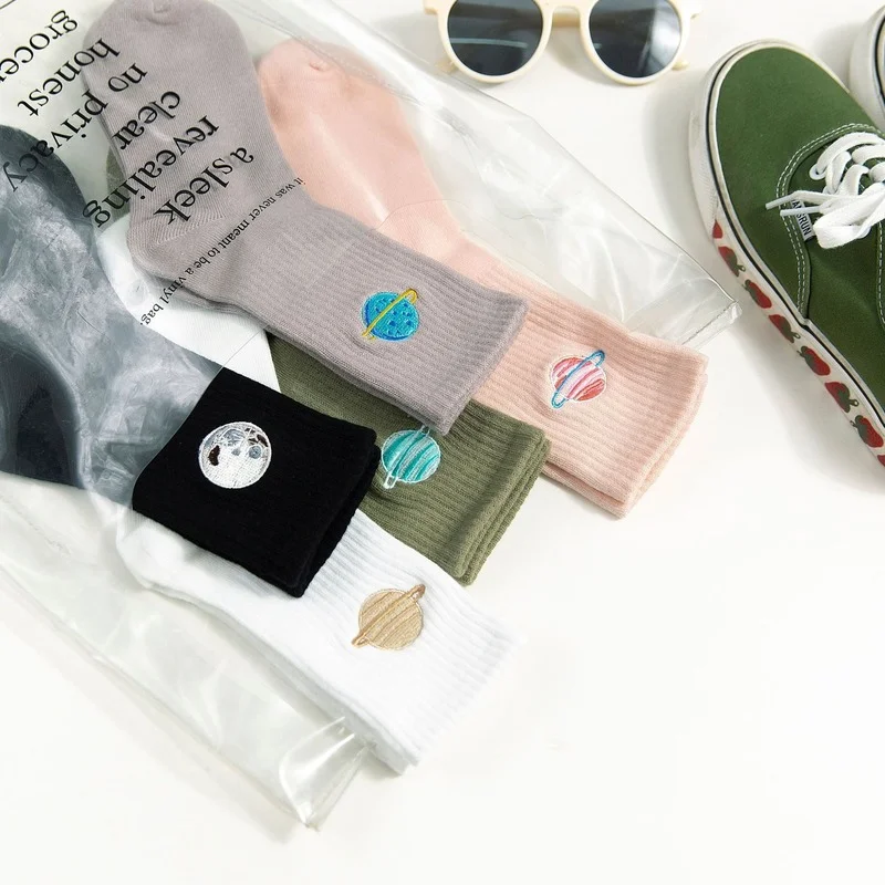 Planet Embroidery Long Socks For Women Cute Korean Japanese Harajuku Woman Socks Kawaii Girls Gifts Socks