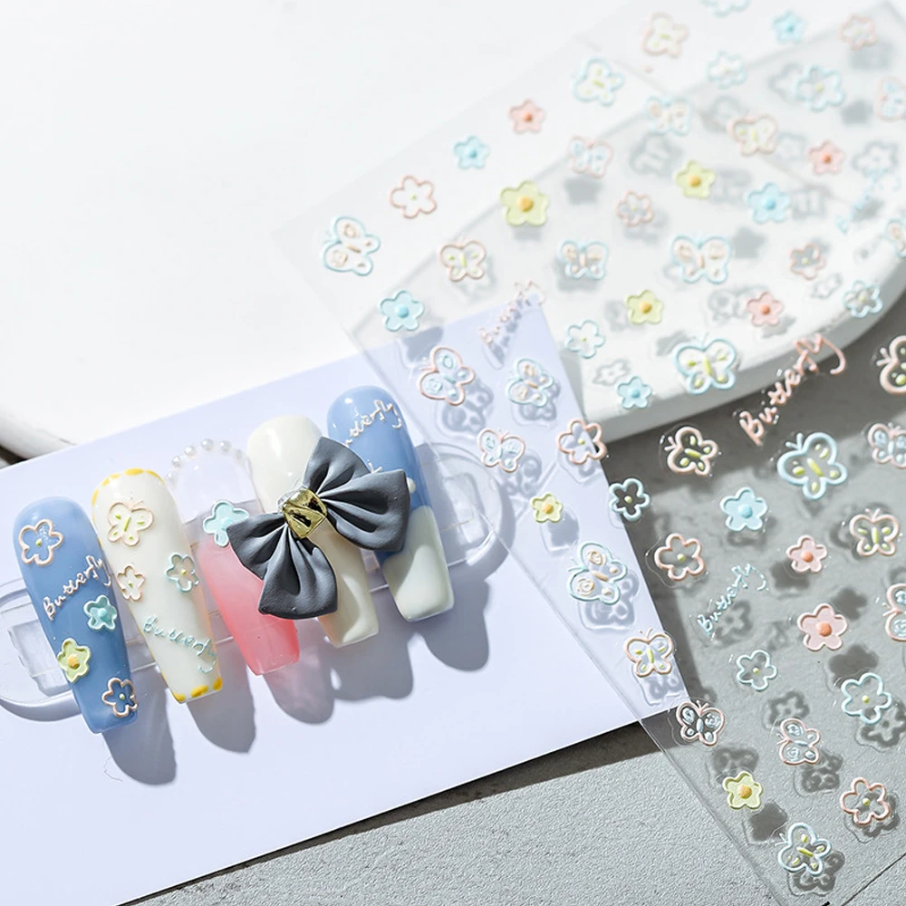

New Macaroon Series Embossed Nail Art Stickers 5D Flower Butterfly Pattern Design Deco Ultra-thin Charm Slider Manicure Decals