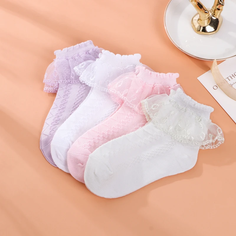 

New 3 Pairs/lot Girls Flower Socks Summer Cotton Children Short Dance Sock Thin Mesh White Ruffle Frilly Gilrs Princess Socken