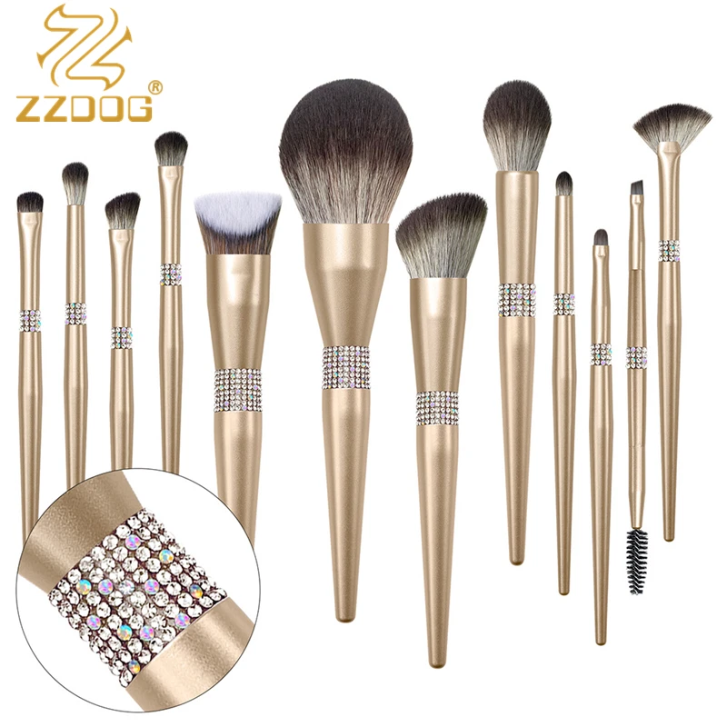 

ZZDOG 12Pcs Professional Brilliant Diamonds Makeup Brushes Set Natural Hair Powder Foundation Contour Eye Shadow Cosmetics Tools
