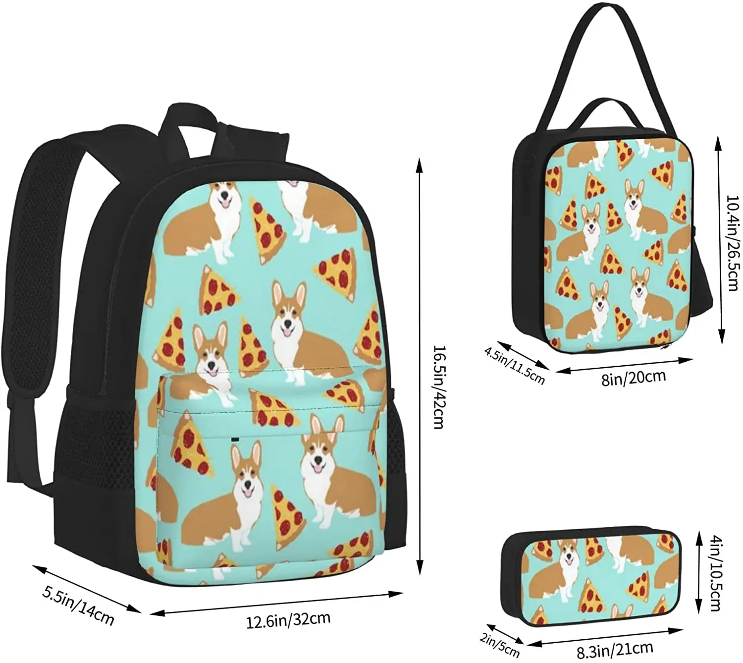Kids School Backpack Corgi Pizza Schoolbag Travel Bag Casual Daypack Lunch Bag Pencil Case for Boys Teens Girls 3pcs Sets