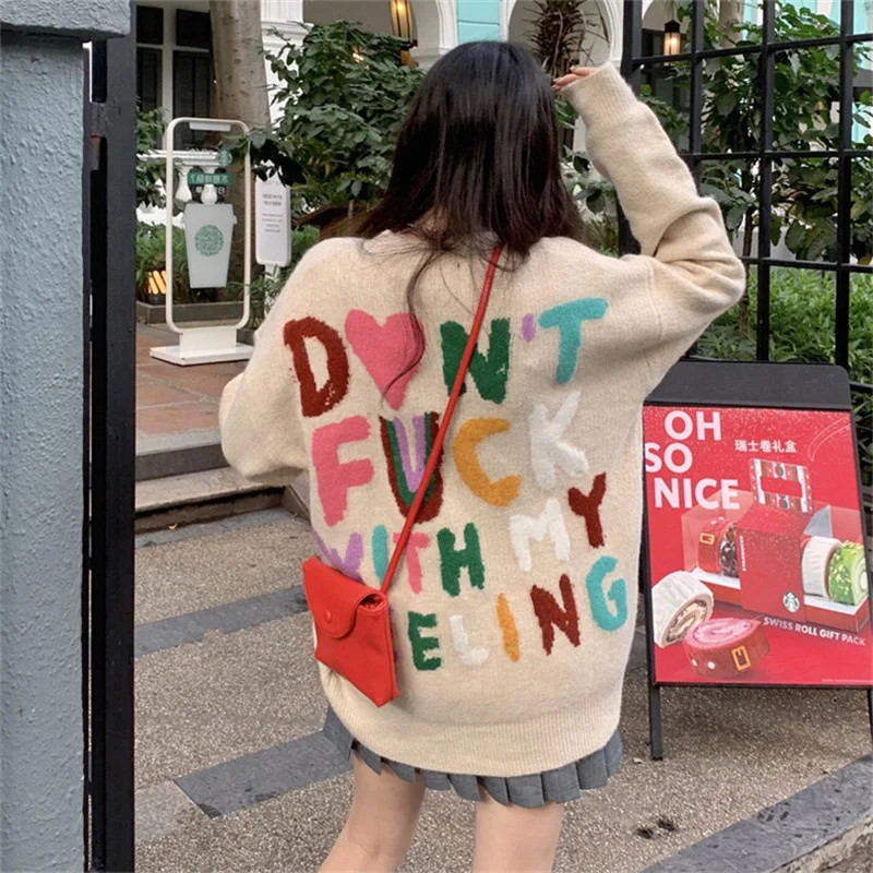 

Autumn Winter Midi Knit Sweater Women Colorful Letters Jacquard Loose O-neck Pullover Female Korean Sweet Casual Knitted Tops