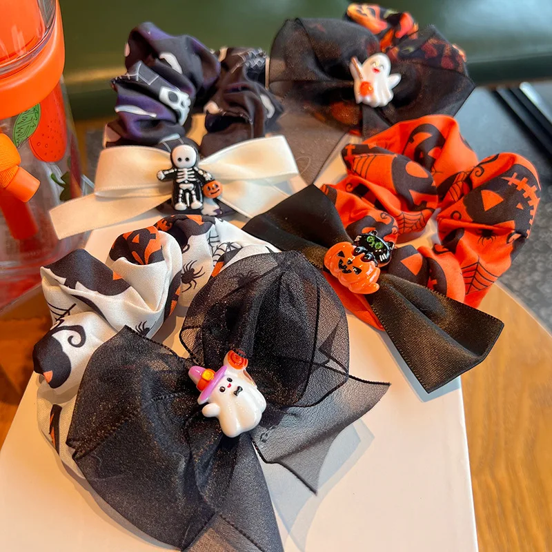 

1Pcs Halloween Party Headwear Pumpkin Skeleton Bow Print Ponytail Hair Loop Girls Cosplay Halloween Decoration Hair Accessories