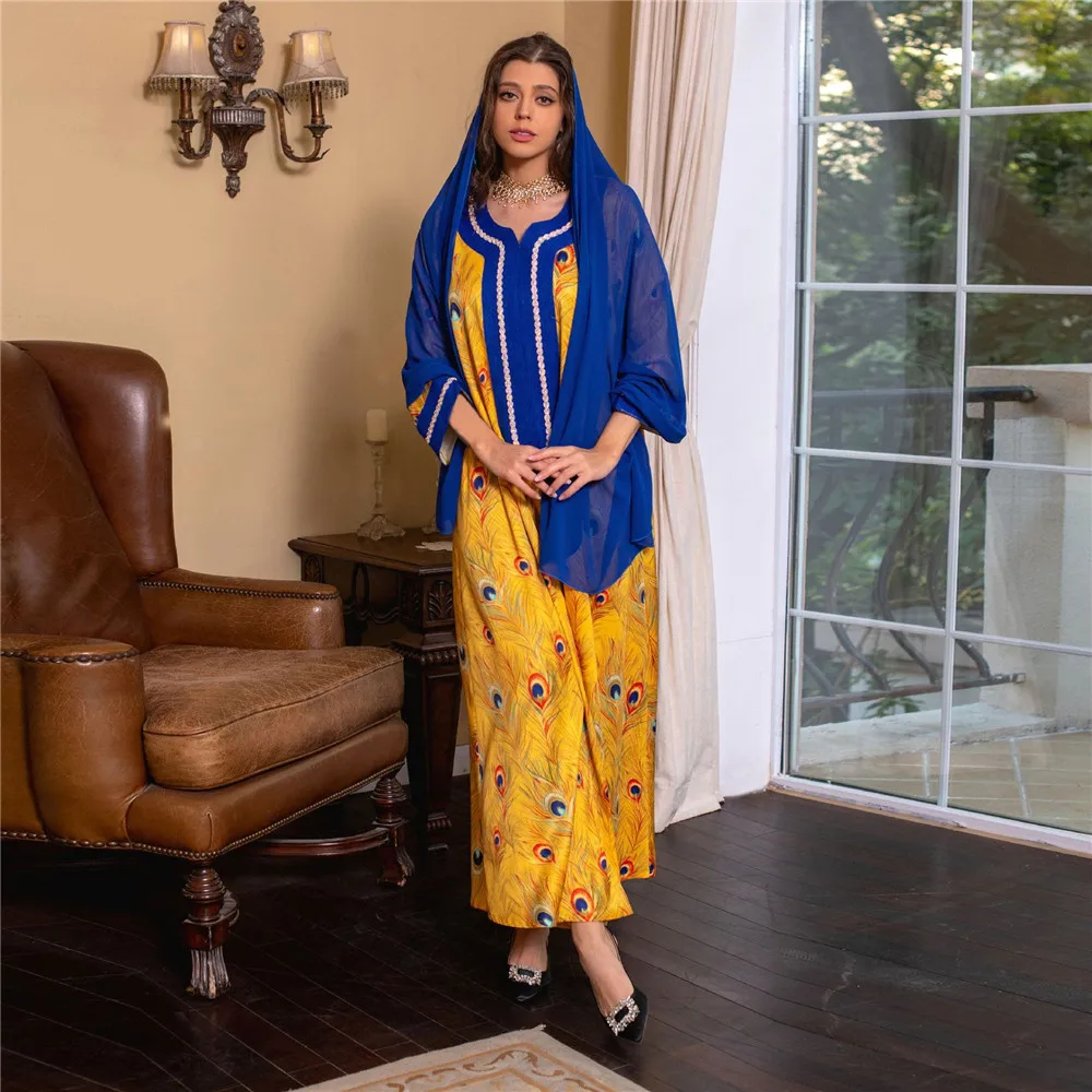 

2023 Eid Mubarak Abaya Muslim Floral Print Maxi Dress Hijab Turkey Jalabiya Caftan Morocco Kaftan Ramadan Gown Dubai Islam Robes
