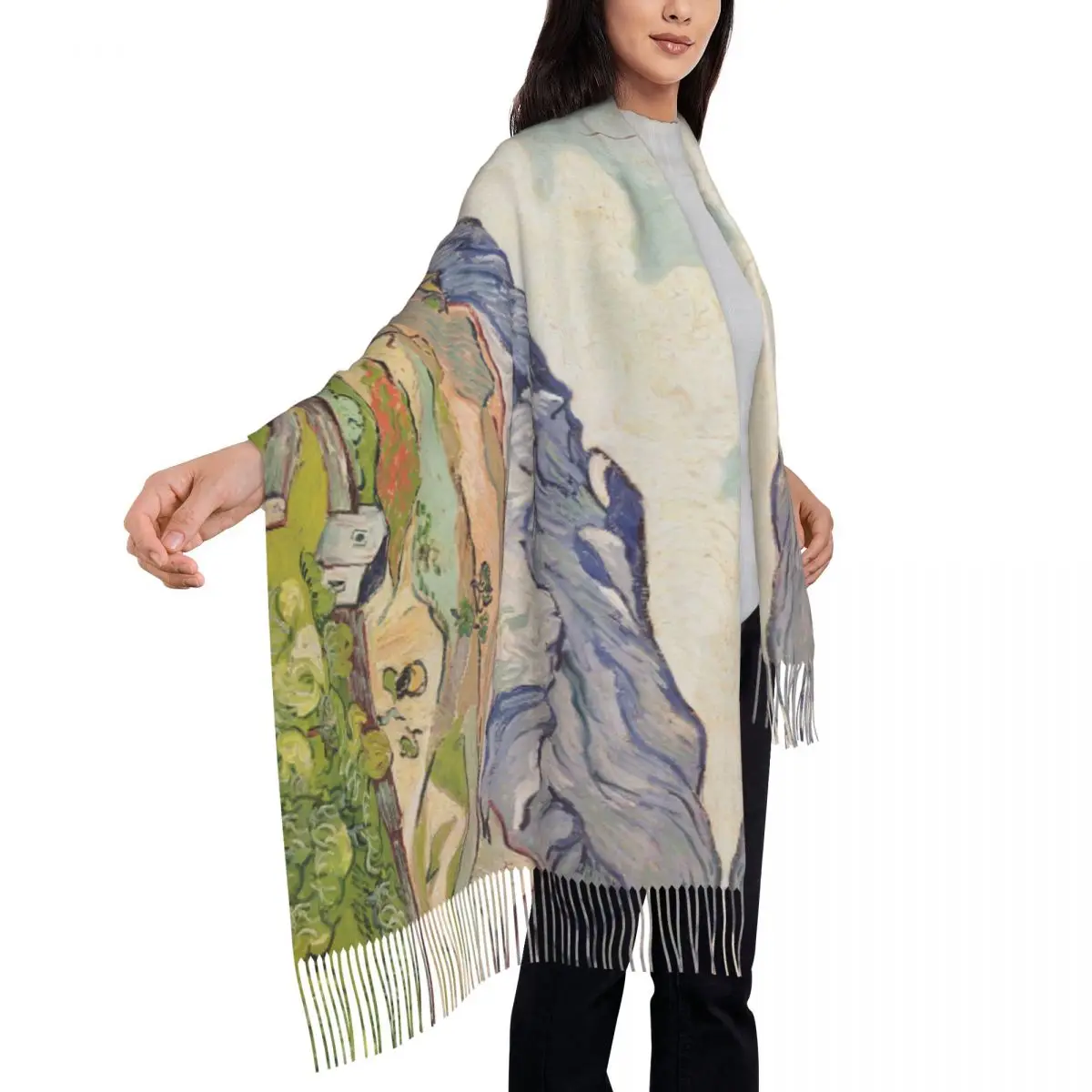 Шарф в стиле арт-рисования теплые шали с кисточками Женские винтажные шарфы