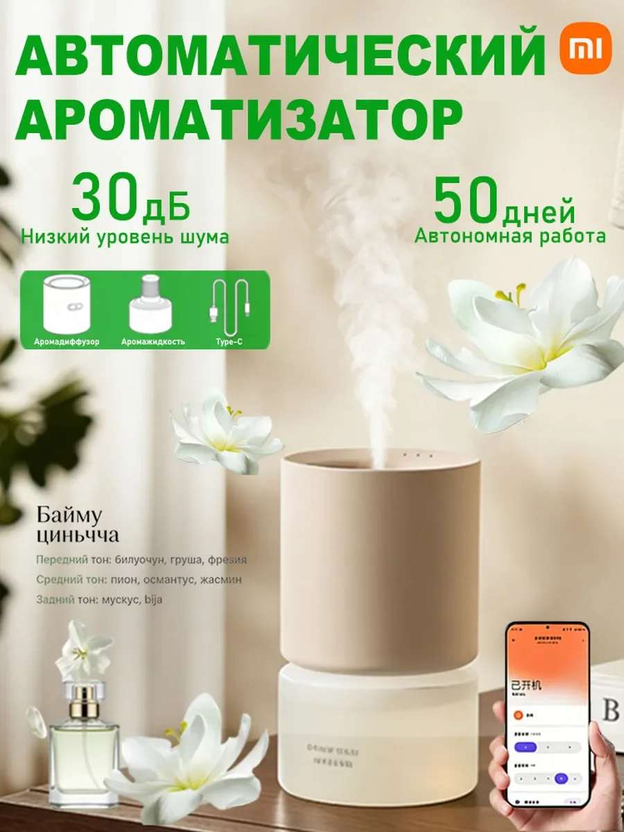 Фото Ароматизатор для дома Xiaomi беспроводной, датчик движения, тихий 30 дБ, RGB свет, 50 дней работы №1