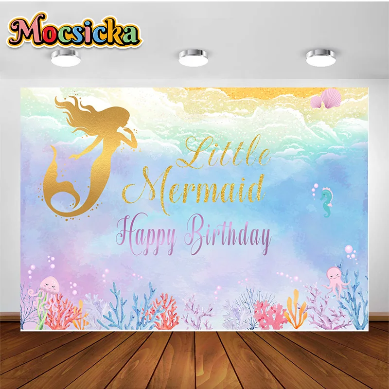 

Mocsicka Beautiful Mermaid Background For Photography Girl 1st Birthday Decoration Party Banner Children Portrait Studio