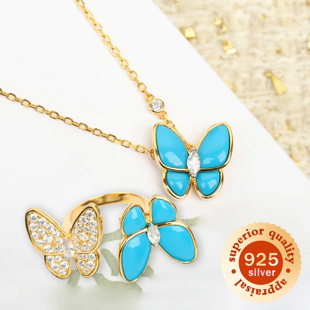 

New Popular Brand Classic Jewelry Set Women's Blue Turquoise Butterfly Wedding Necklace Ring Sterling Silver Seiko High Quality