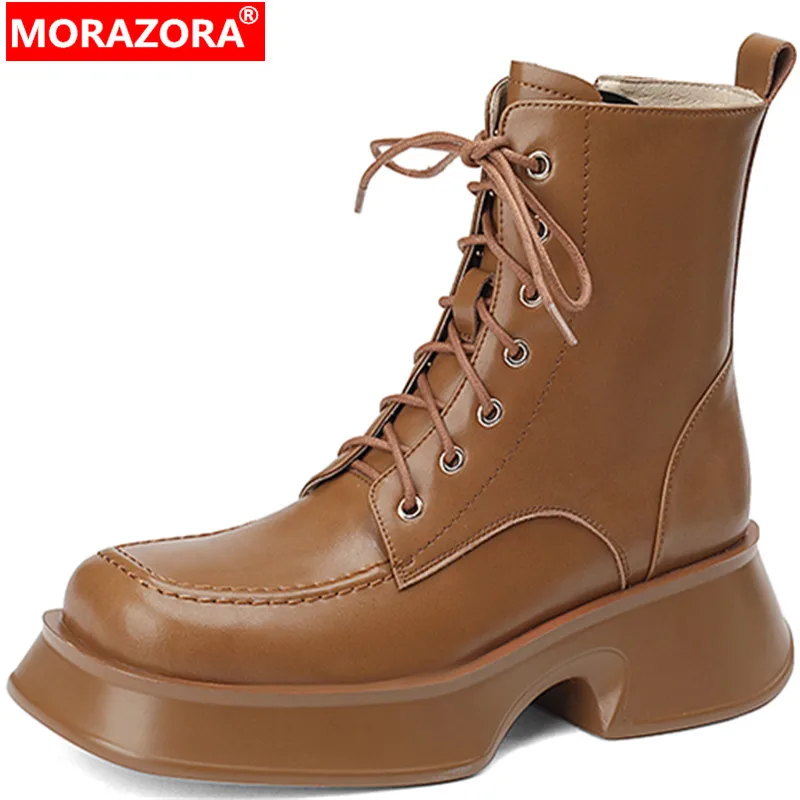 

MORAZORA 2022 New Arrive Winter Square High Heels Shoes Zipper Genuine Leather Women Boots Solid Ankle Modern Boots
