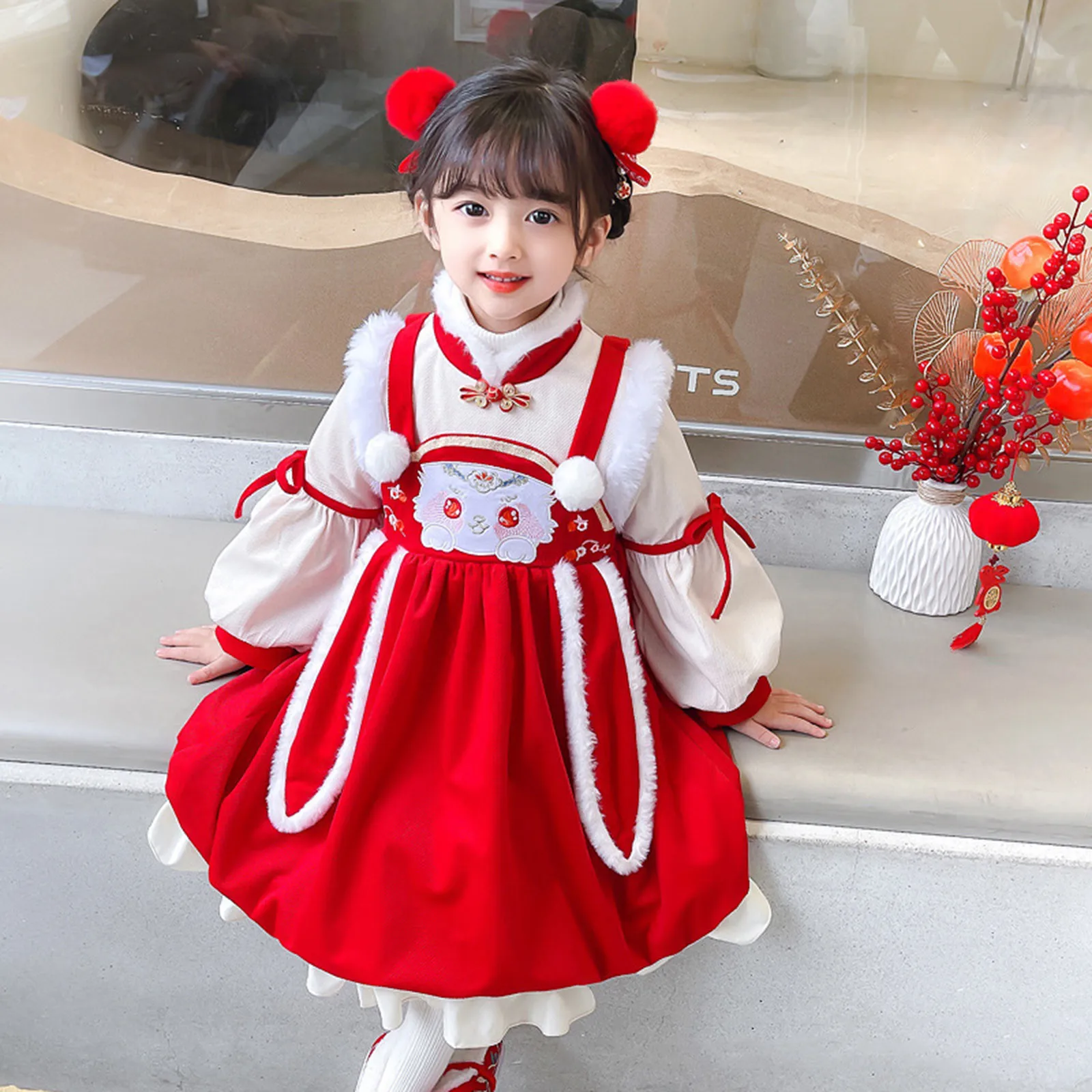 

1-5 Years Toddler Baby Girls Fairy Hanfu Dresses Winter Chinese New Year Fleece Lined Warm Princess Dresses Bunny Doll Dresses