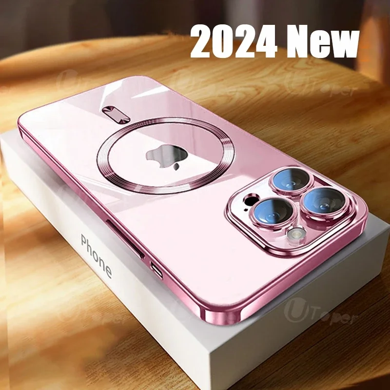 Роскошный розовый прозрачный магнитный чехол для беспроводной зарядки iPhone 15 14 13
