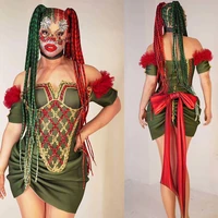 sexy green women cosplay dress lace shining sequins bow stage costume party club rave festival clothing drag queen outfits