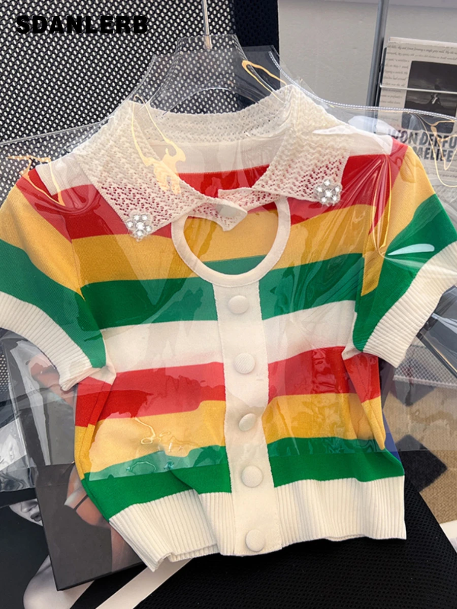 

Sweet Contrast Color Striped Hollow Out Polo Collar Ice Silk T-shirt Women's Summer Thin Short Sleeve T Shirt Loose Short Top