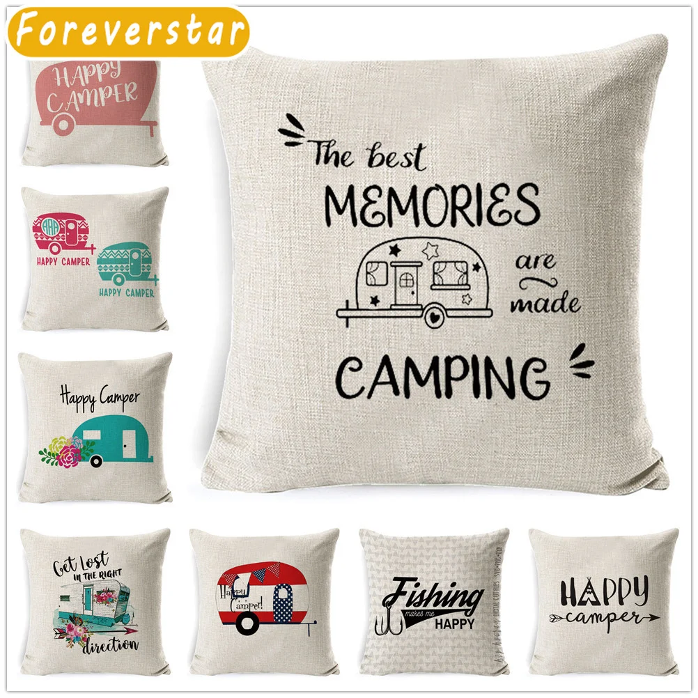 

Best Memories Linen Decorative Pillow Case Happy Camper Cushion Cover Pillowcase Bedroom Sofa Home Decor Funda Cojín 45x45cm