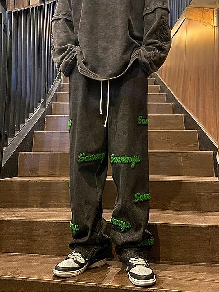 Flocked Letter Print Jeans Men's Trendy High Street Casual Elastic Waist Straight-leg Pants Style Fashion Men Trousers Men Pants